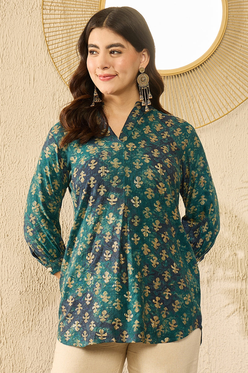 Blue Cotton Blend Ethnic Motifs Printed Regular Top VT1311 | DesiQlo
