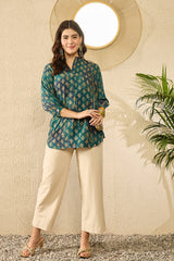 Blue Cotton Blend Ethnic Motifs Printed Regular Top VT1311