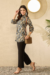 Blue Viscose Rayon Abstract Printed Regular Top VT1313