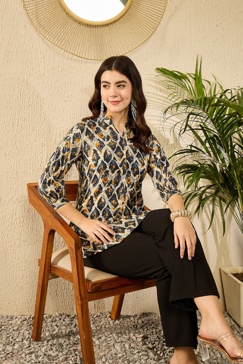 Blue Viscose Rayon Abstract Printed Regular Top VT1313 | DesiQlo