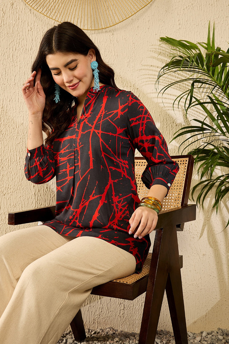 Black Viscose Rayon Abstract Printed Regular Top VT1314 | DesiQlo