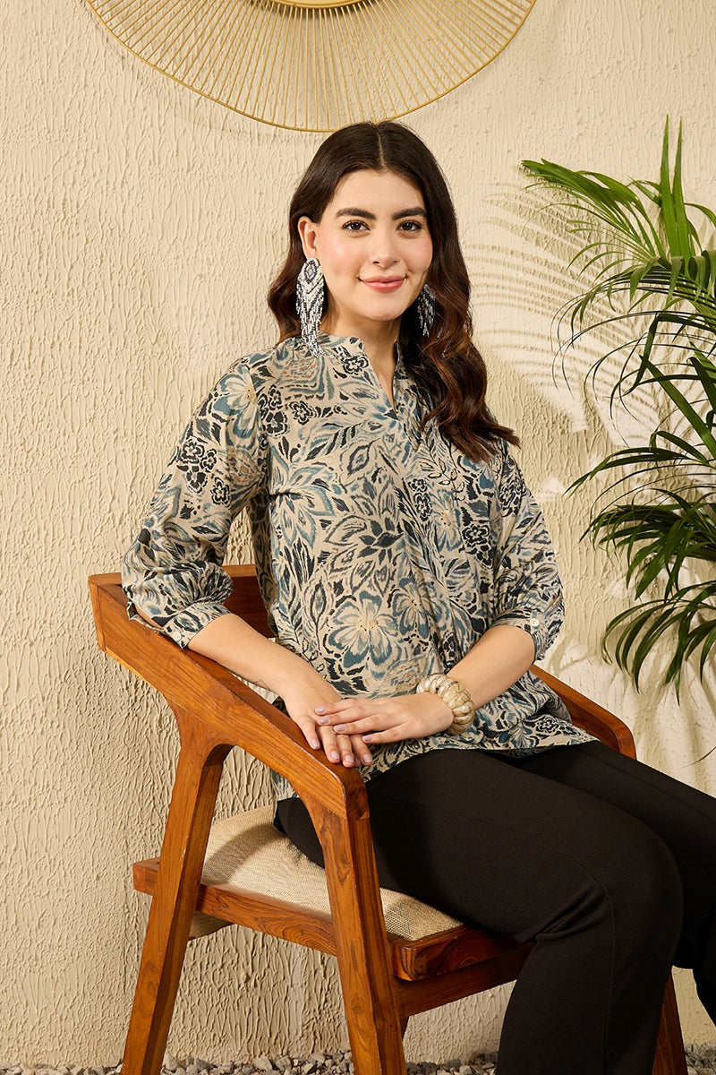 Blue Silk Blend Floral Printed Regular Top VT1315 | DesiQlo
