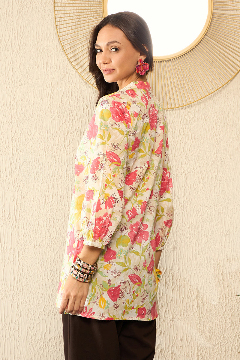 Off White Cotton Floral Printed Regular Top VT1316 | DesiQlo