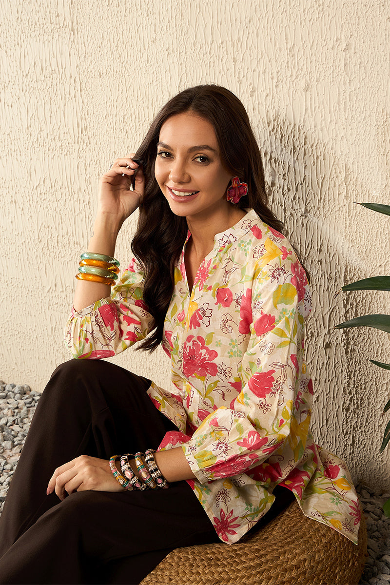Off White Cotton Floral Printed Regular Top VT1316 | DesiQlo