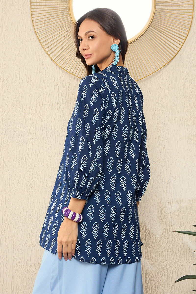 Blue Cotton Blend Floral Printed Regular Top VT1317 | DesiQlo