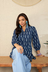 Blue Cotton Blend Floral Printed Regular Top VT1317