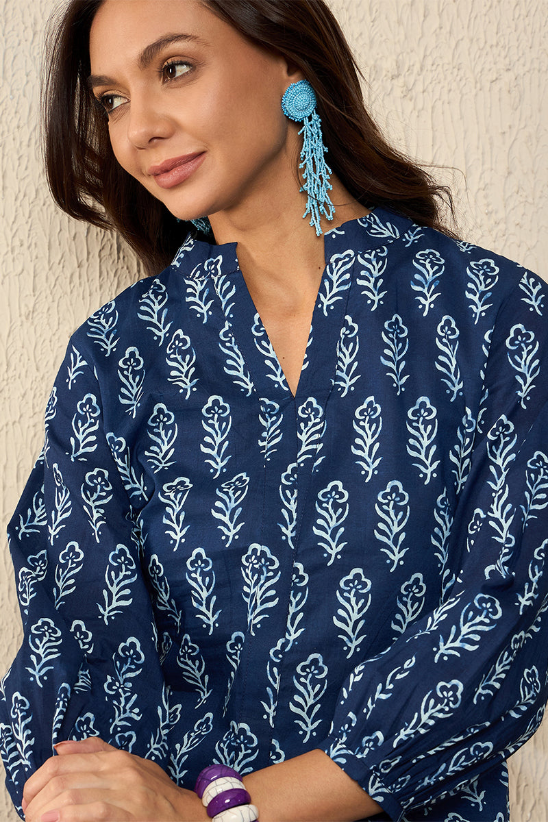 Blue Cotton Blend Floral Printed Regular Top VT1317 | DesiQlo