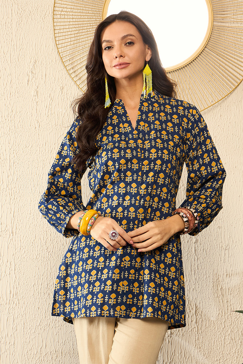 Blue Cotton Blend Ethnic Motifs Printed Regular Top VT1318 | DesiQlo