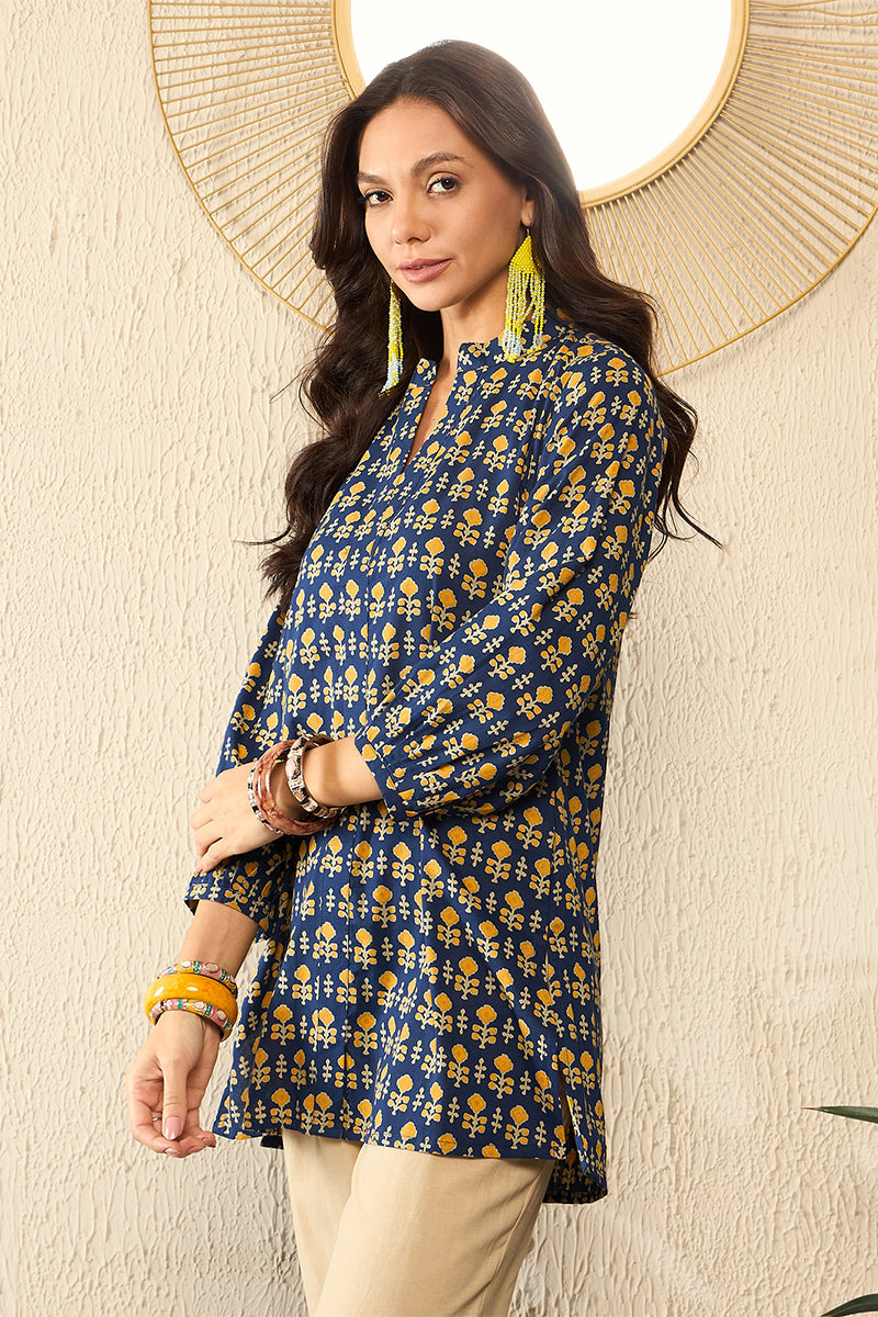 Blue Cotton Blend Ethnic Motifs Printed Regular Top VT1318 | DesiQlo