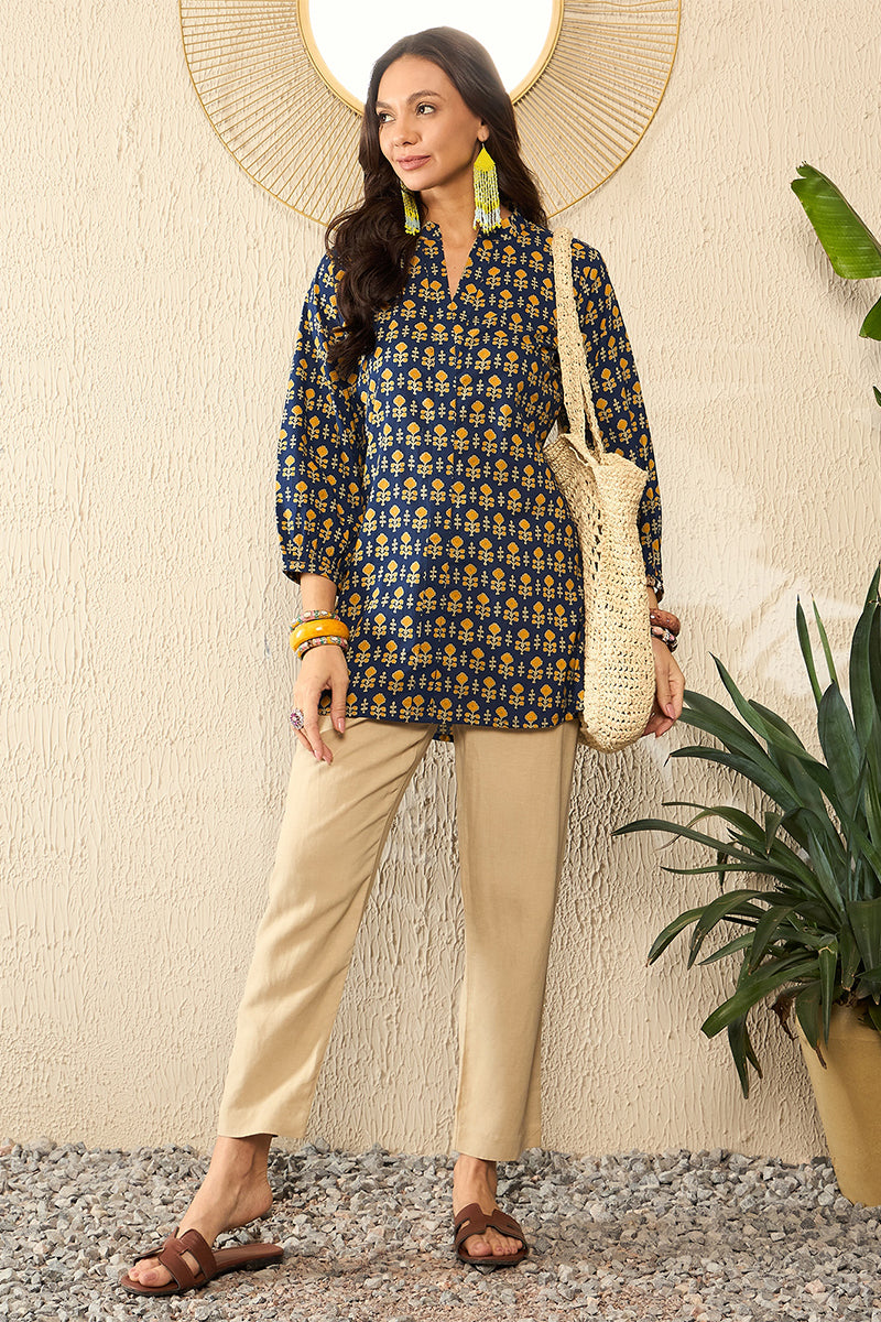 Blue Cotton Blend Ethnic Motifs Printed Regular Top VT1318 | DesiQlo