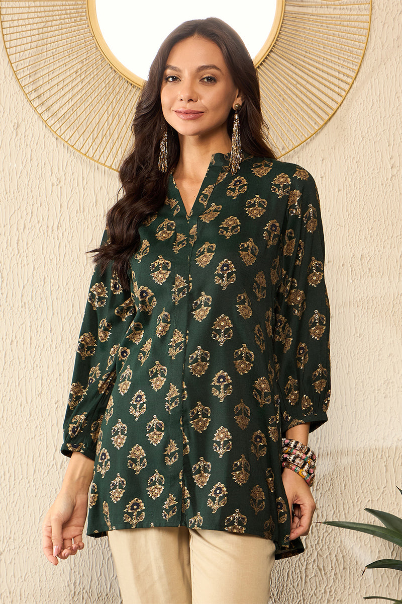 Green Cotton Blend Floral Printed Regular Top VT1319 | DesiQlo