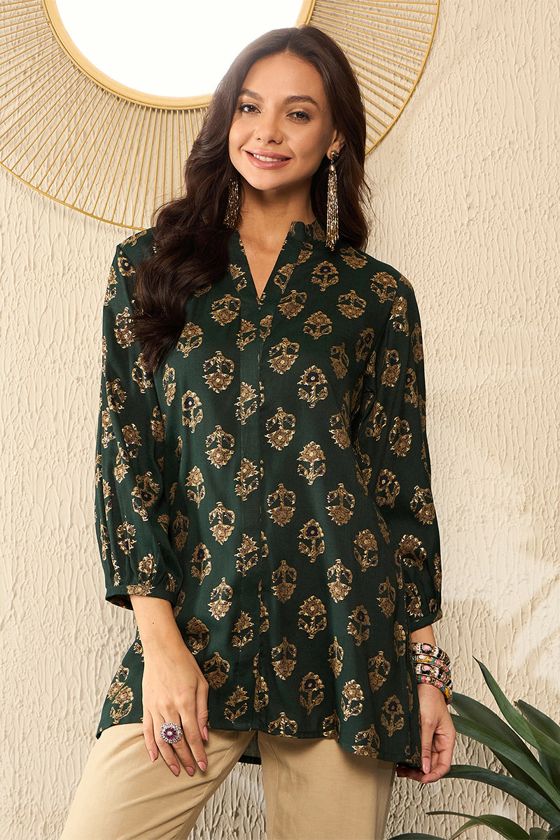 Green Cotton Blend Floral Printed Regular Top VT1319 | DesiQlo
