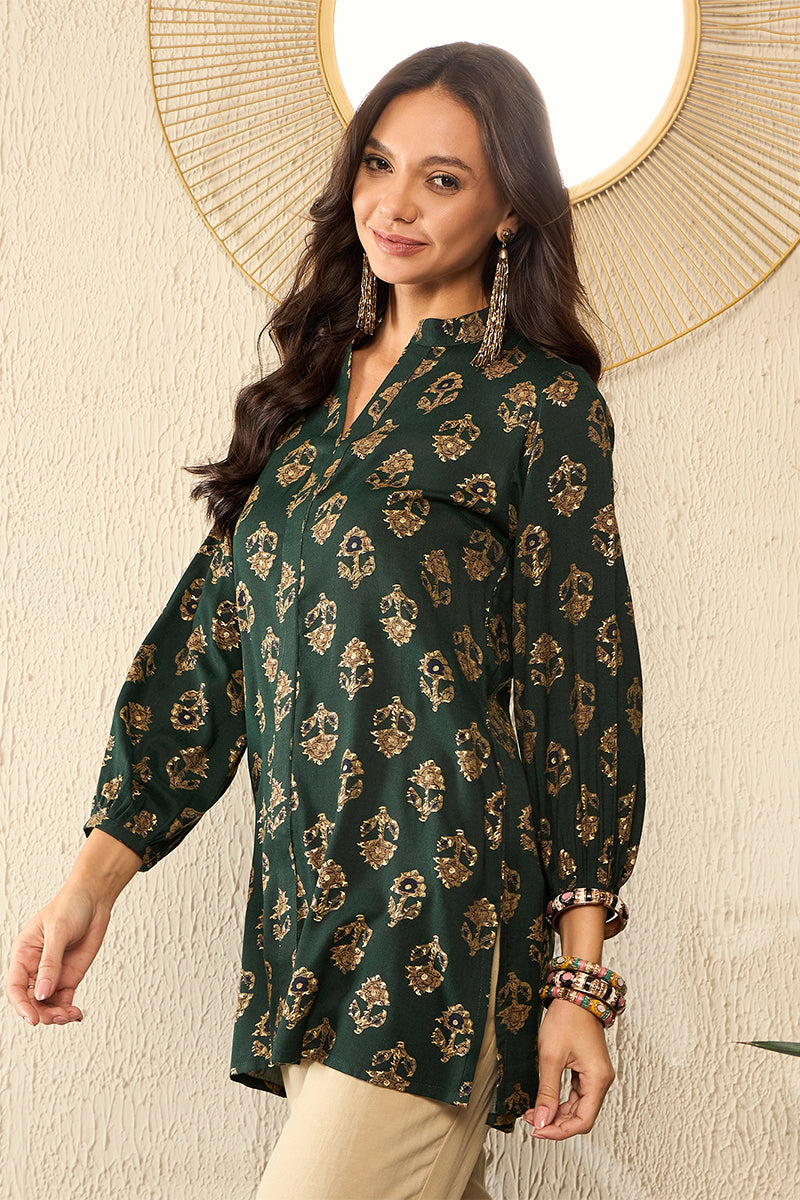 Green Cotton Blend Floral Printed Regular Top VT1319 | DesiQlo