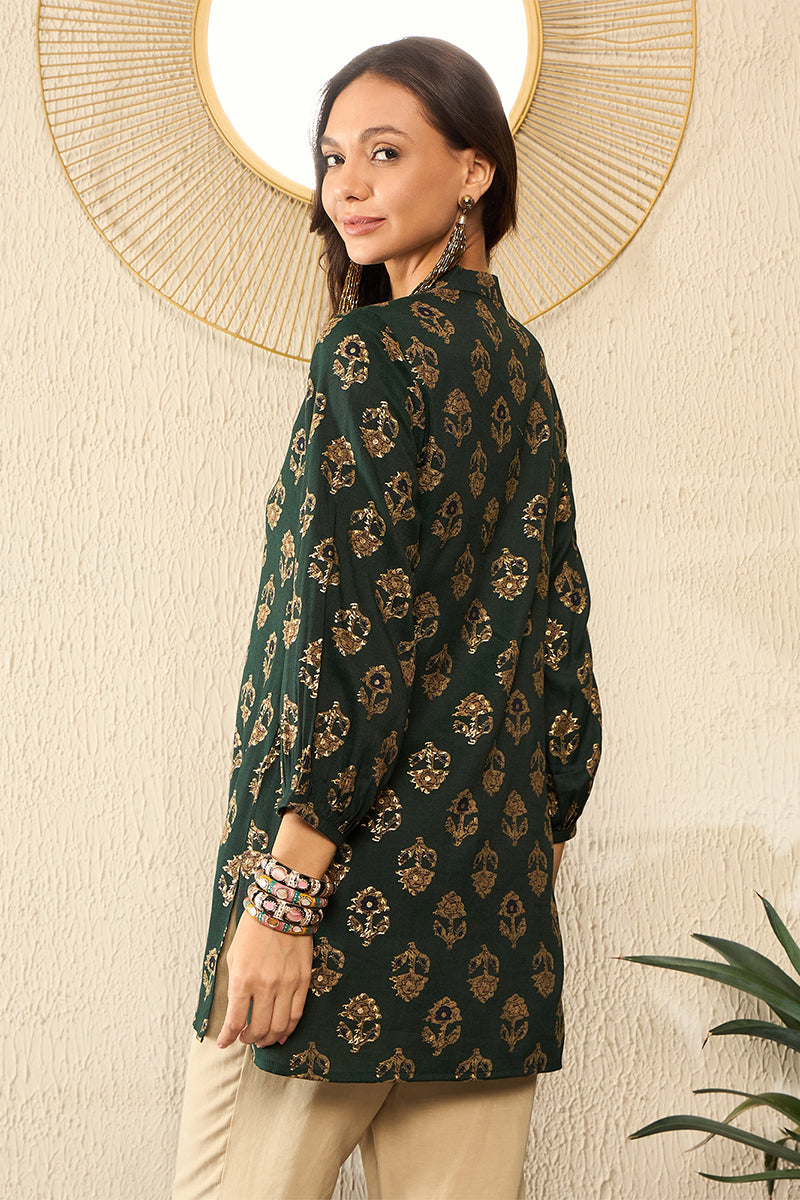 Green Cotton Blend Floral Printed Regular Top VT1319 | DesiQlo
