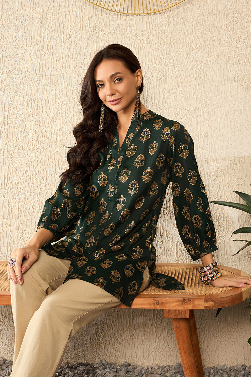 Green Cotton Blend Floral Printed Regular Top VT1319 | DesiQlo