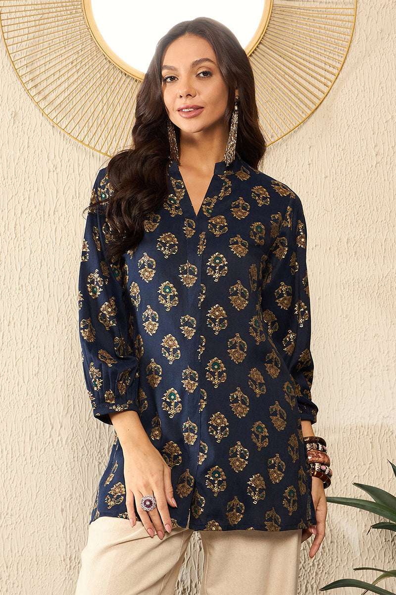 Blue Cotton Blend Floral Printed Regular Top VT1320 | DesiQlo