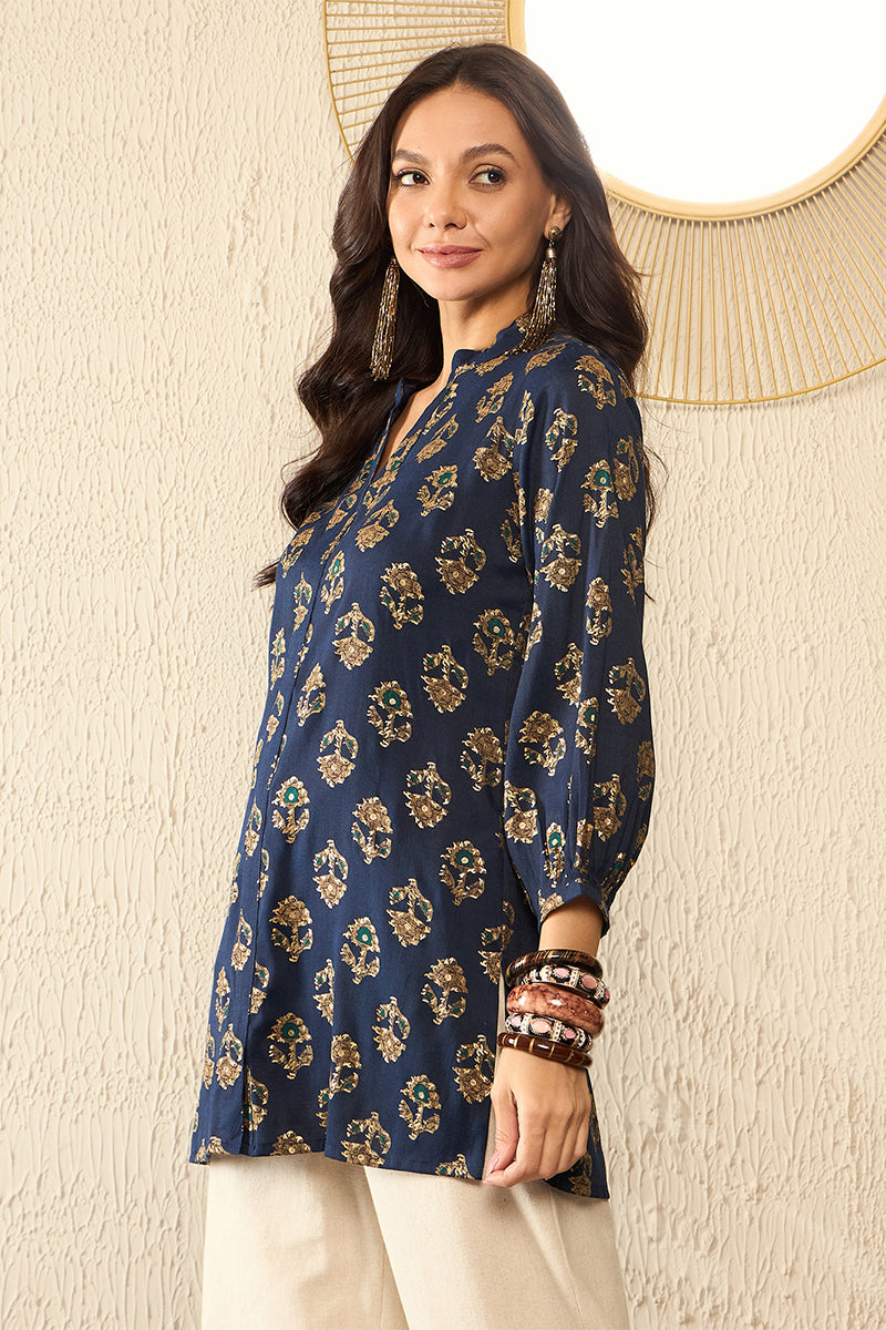 Blue Cotton Blend Floral Printed Regular Top VT1320 | DesiQlo