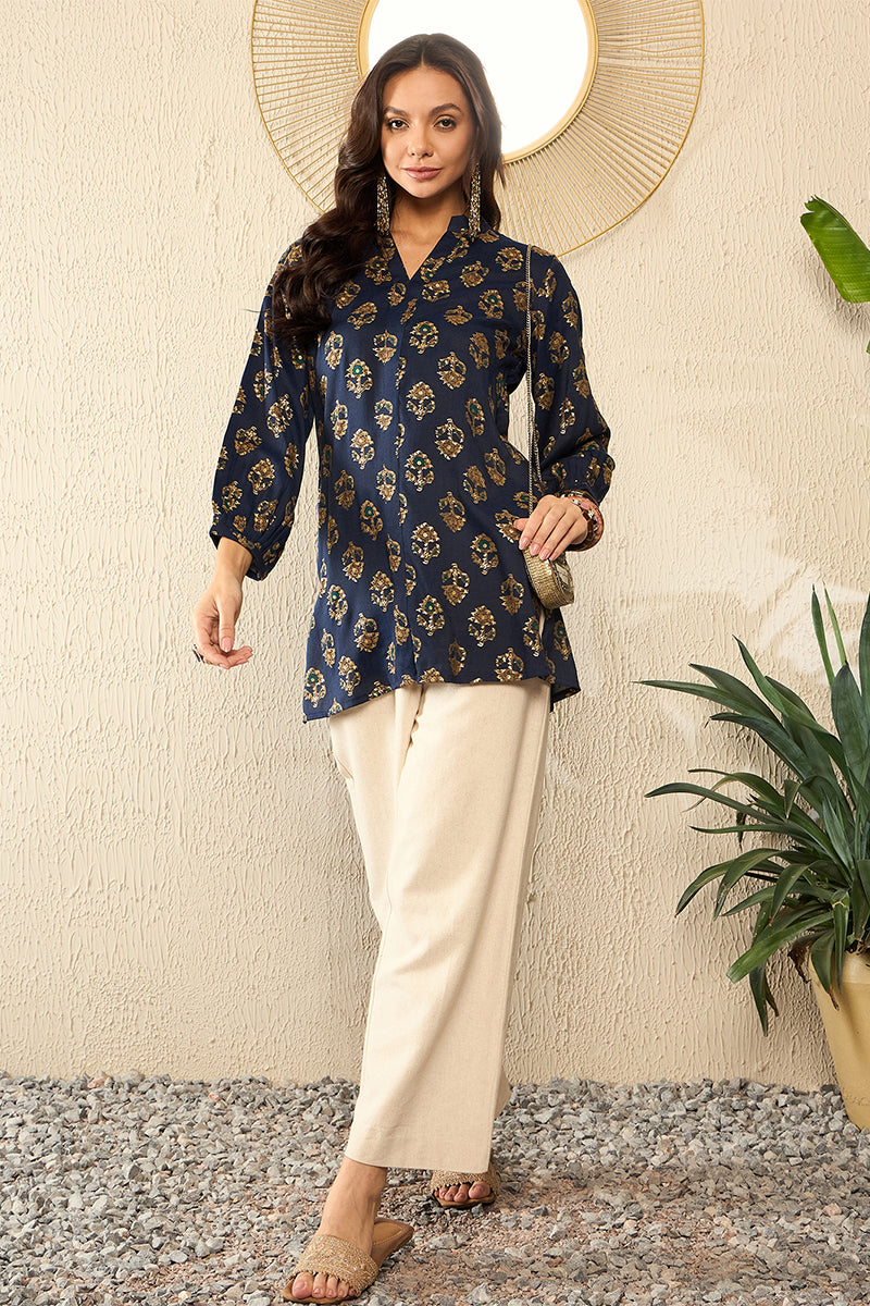 Blue Cotton Blend Floral Printed Regular Top VT1320 | DesiQlo