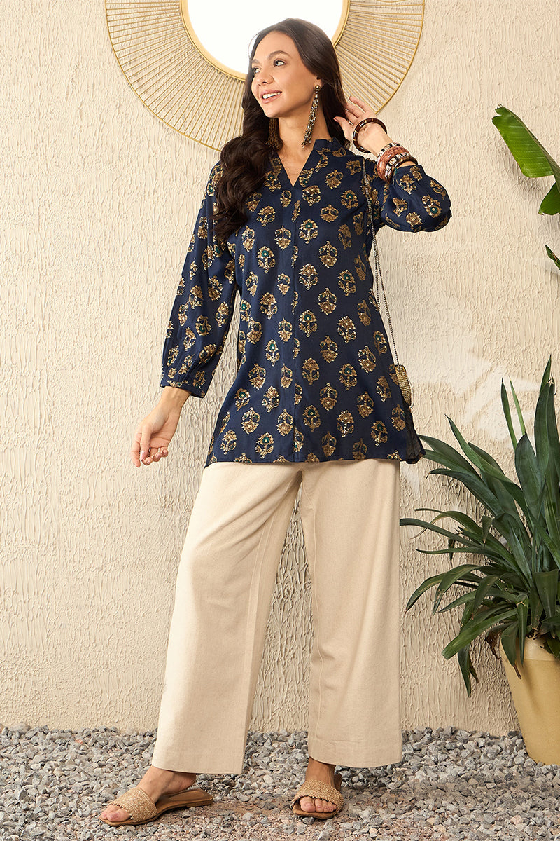 Blue Cotton Blend Floral Printed Regular Top VT1320 | DesiQlo
