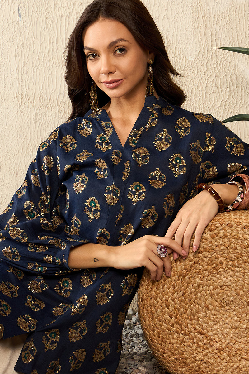 Blue Cotton Blend Floral Printed Regular Top VT1320 | DesiQlo