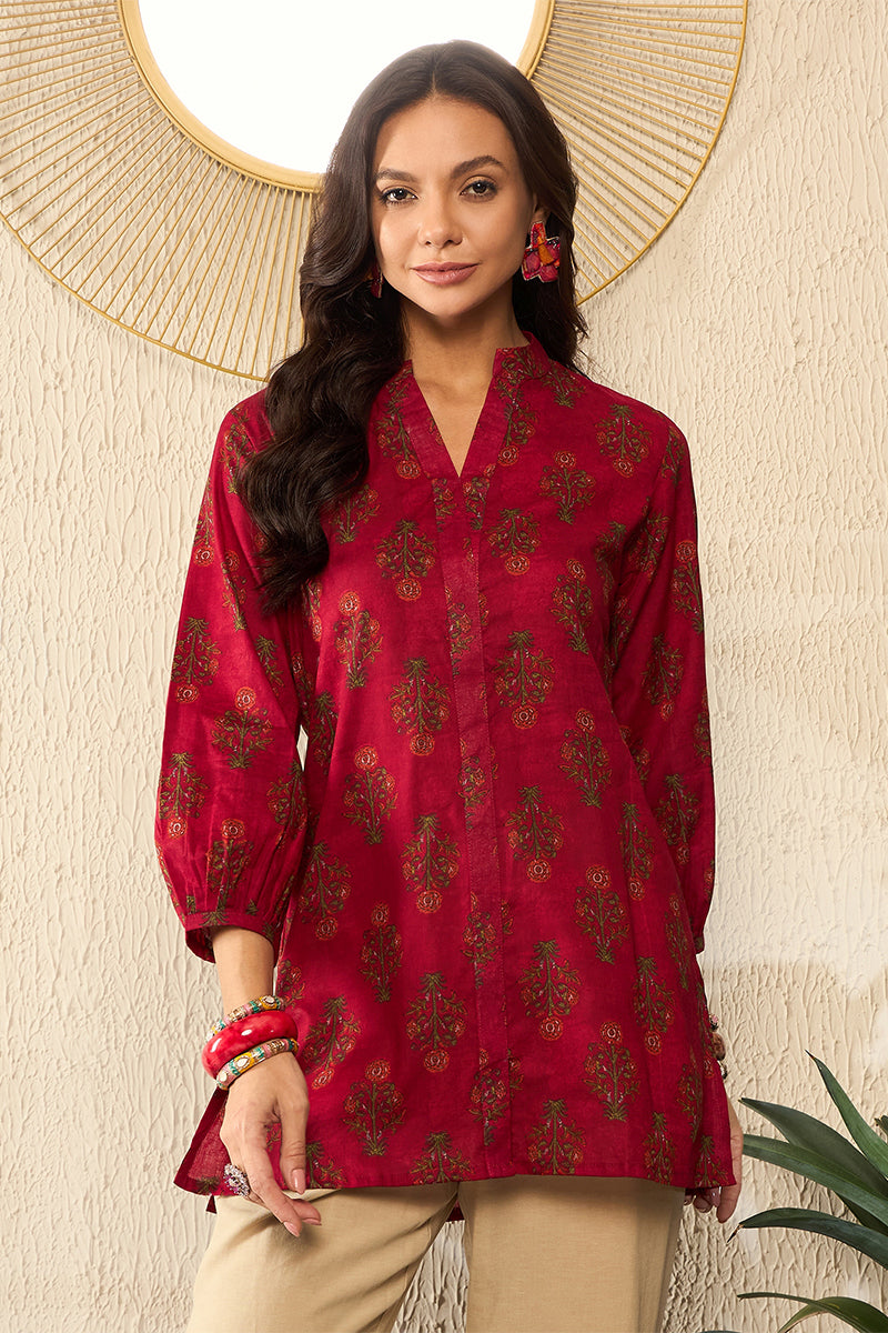 Maroon Cotton Blend Floral Printed Regular Top VT1321 | DesiQlo