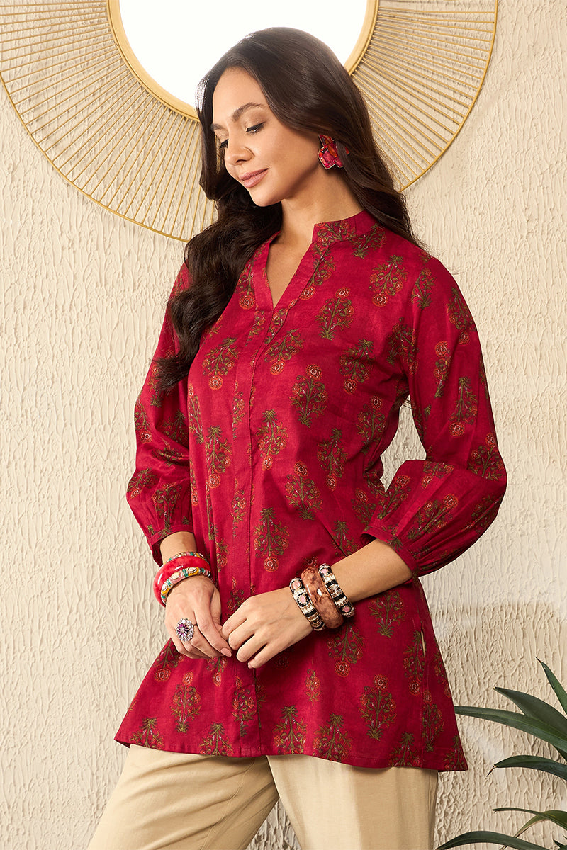Maroon Cotton Blend Floral Printed Regular Top VT1321 | DesiQlo
