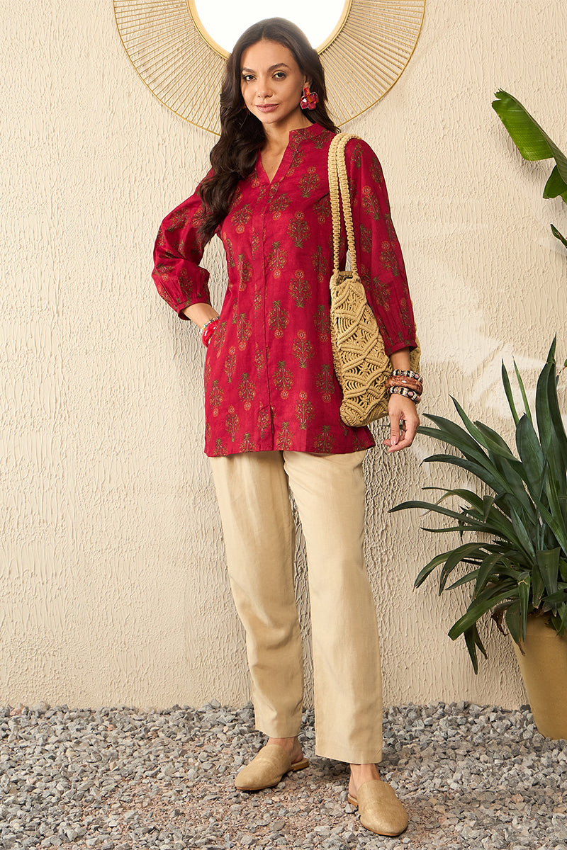 Maroon Cotton Blend Floral Printed Regular Top VT1321 | DesiQlo