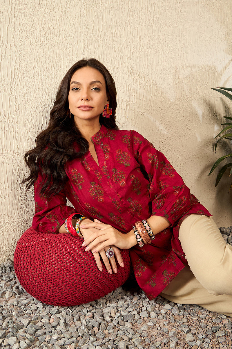 Maroon Cotton Blend Floral Printed Regular Top VT1321 | DesiQlo