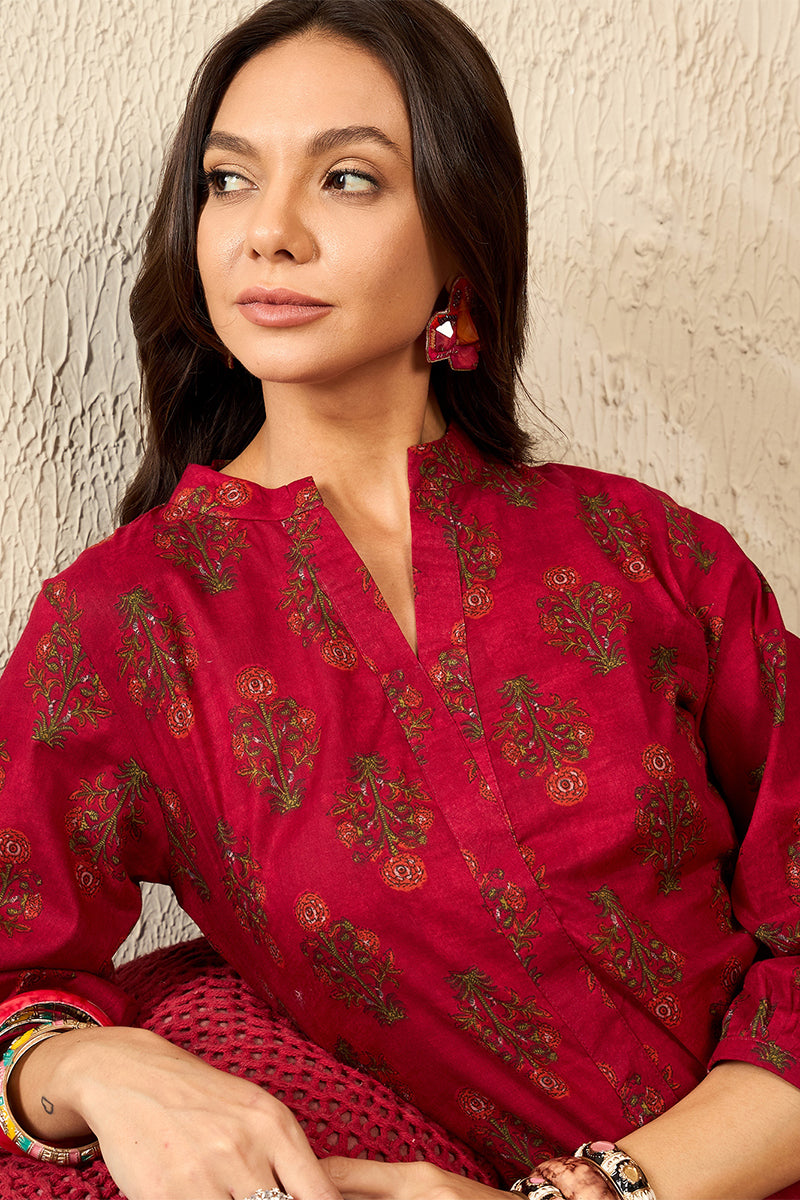 Maroon Cotton Blend Floral Printed Regular Top VT1321 | DesiQlo