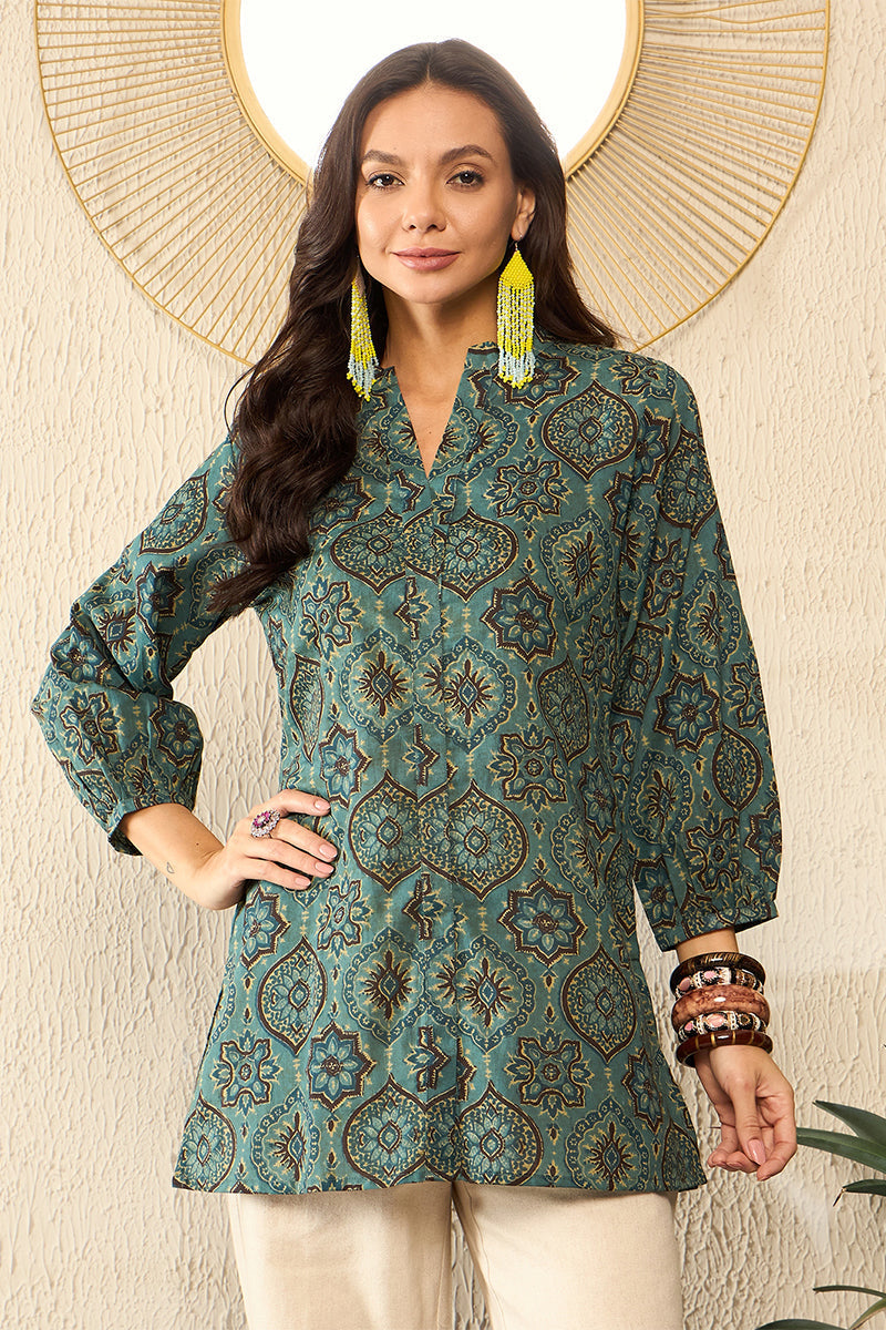 Blue Cotton Blend Ajrakh Printed Regular Top VT1322 | DesiQlo