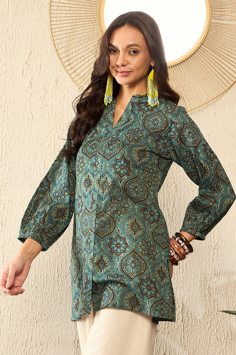Blue Cotton Blend Ajrakh Printed Regular Top VT1322 | DesiQlo