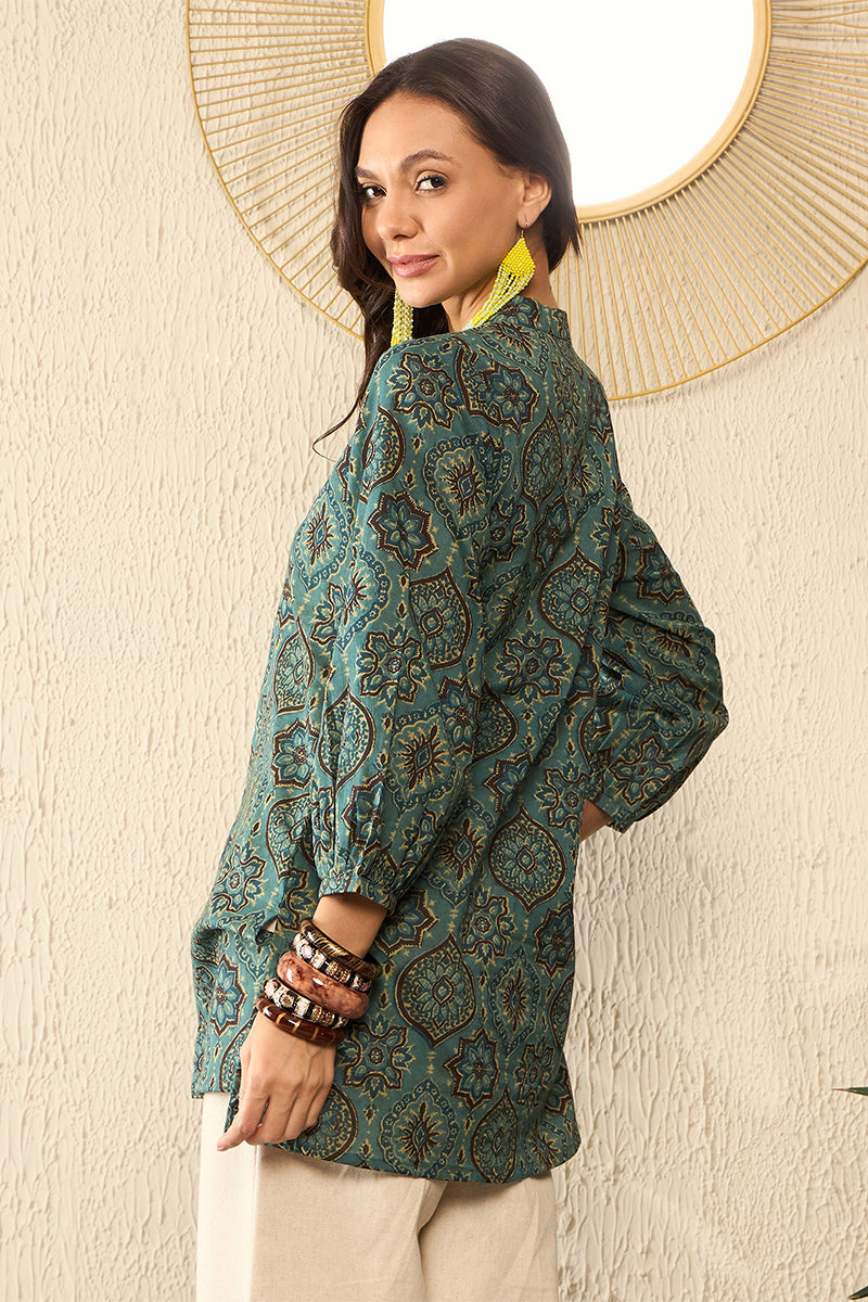 Blue Cotton Blend Ajrakh Printed Regular Top VT1322 | DesiQlo