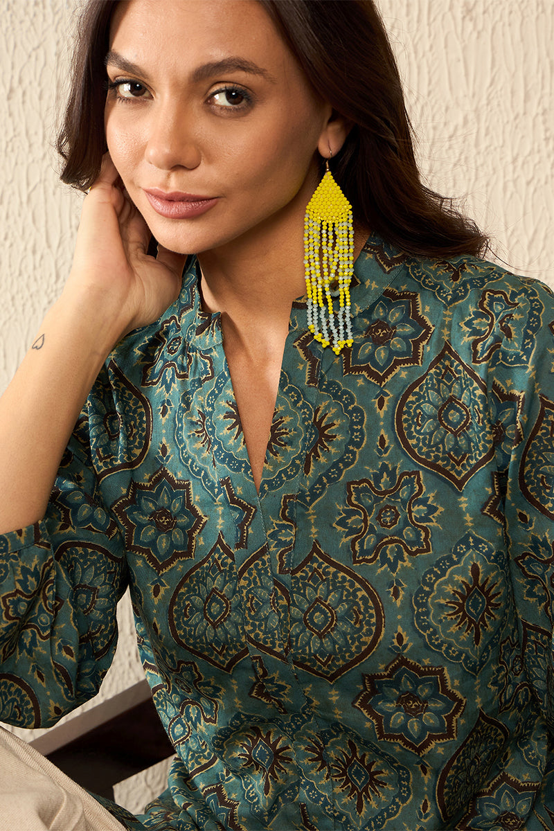 Blue Cotton Blend Ajrakh Printed Regular Top VT1322 | DesiQlo