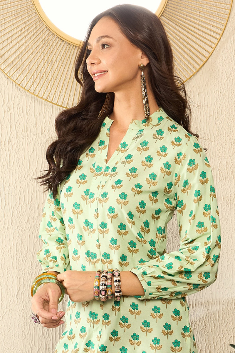 Green Viscose Rayon Floral Printed Regular Top VT1323