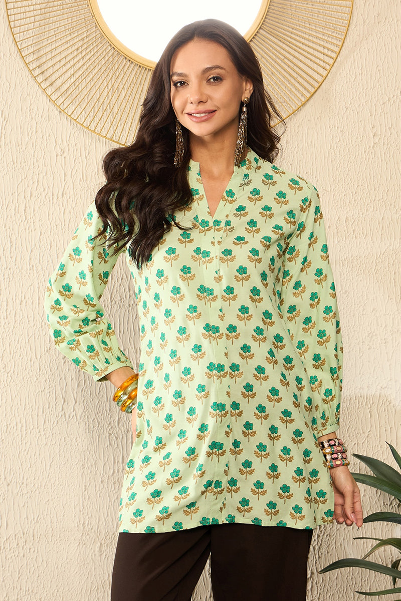 Green Viscose Rayon Floral Printed Regular Top VT1323 | DesiQlo