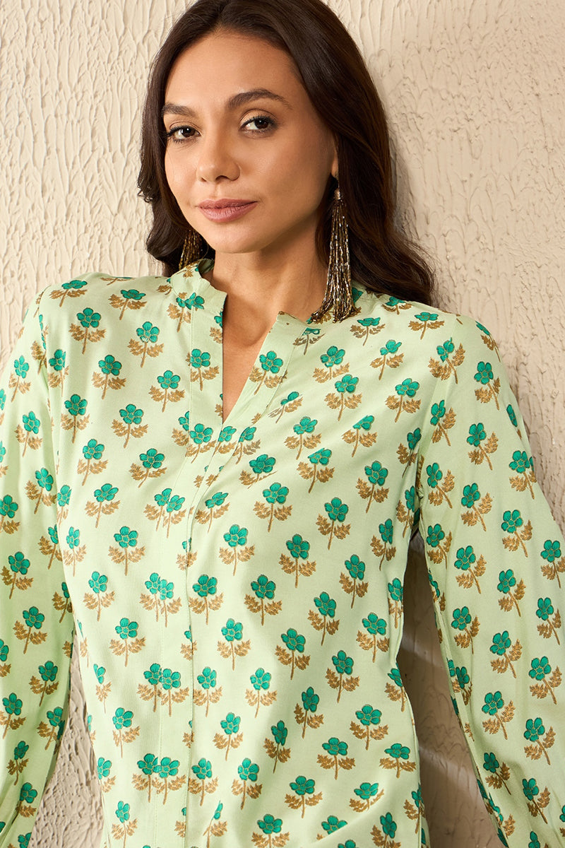 Green Viscose Rayon Floral Printed Regular Top VT1323 | DesiQlo