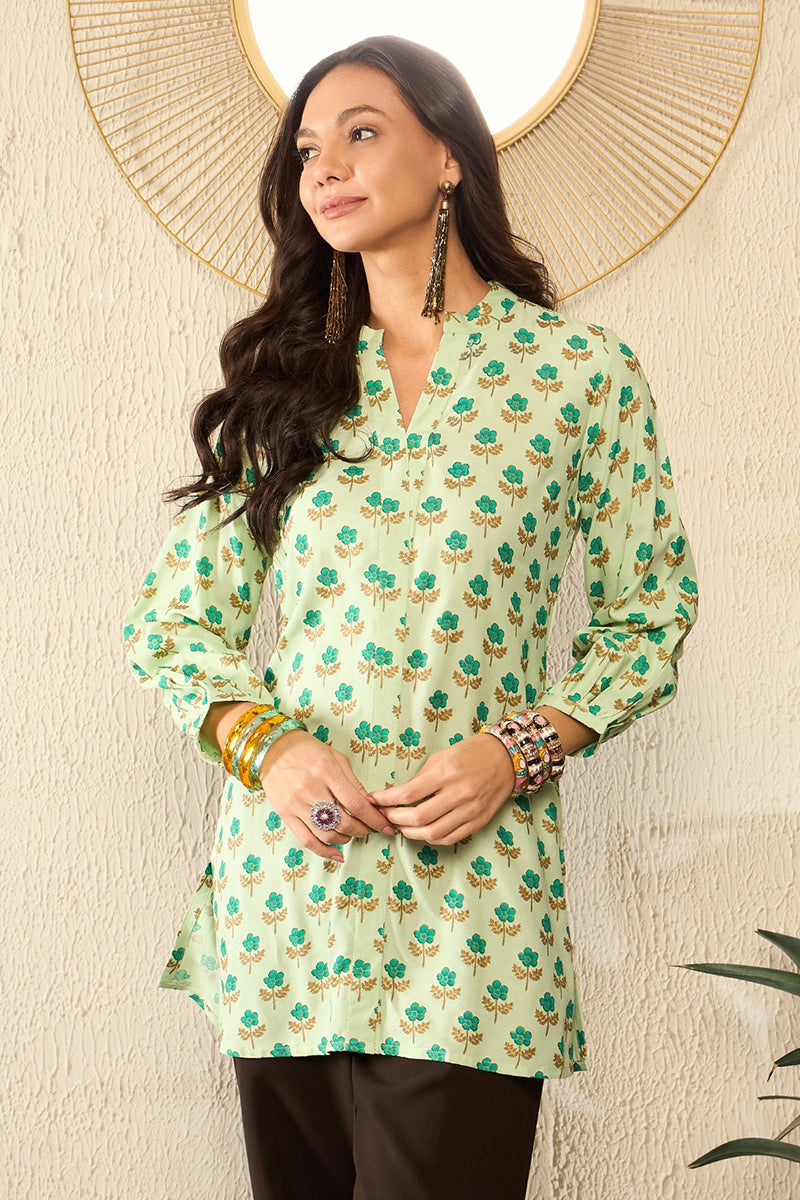 Green Viscose Rayon Floral Printed Regular Top VT1323 | DesiQlo