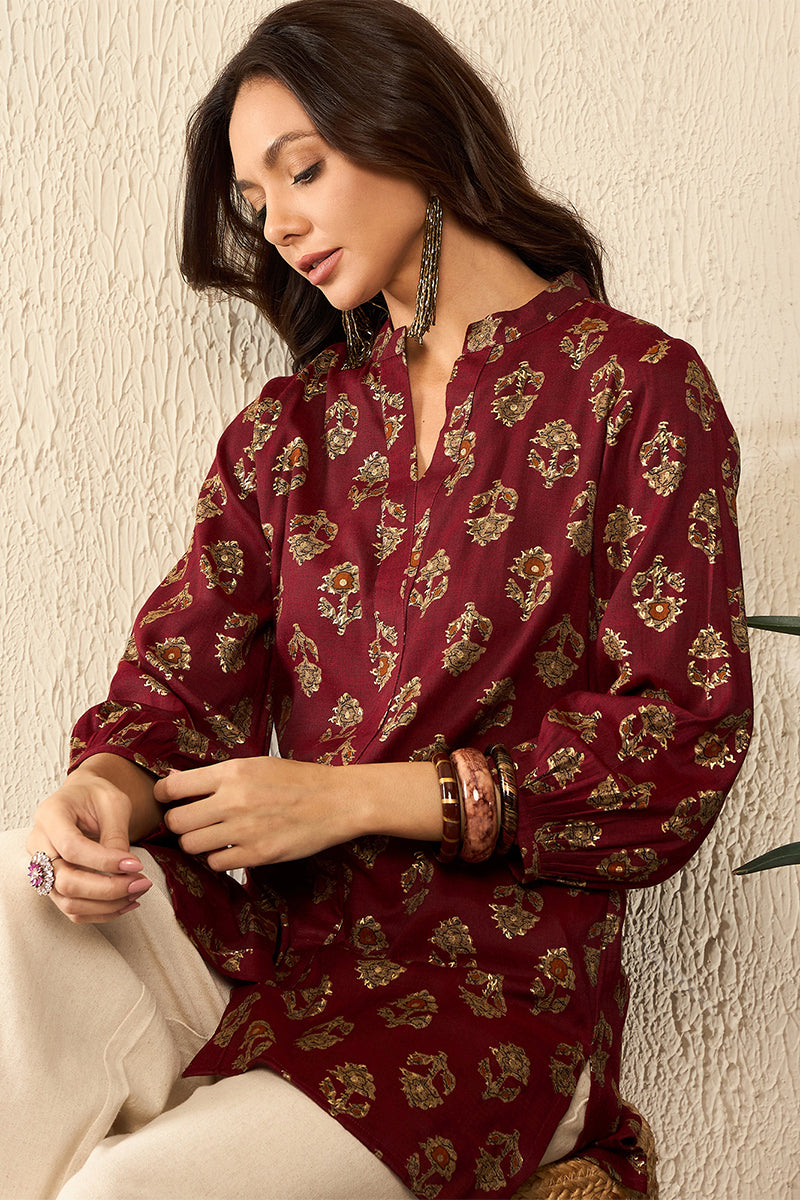 Maroon Cotton Blend Floral Printed Regular Top VT1324 | DesiQlo