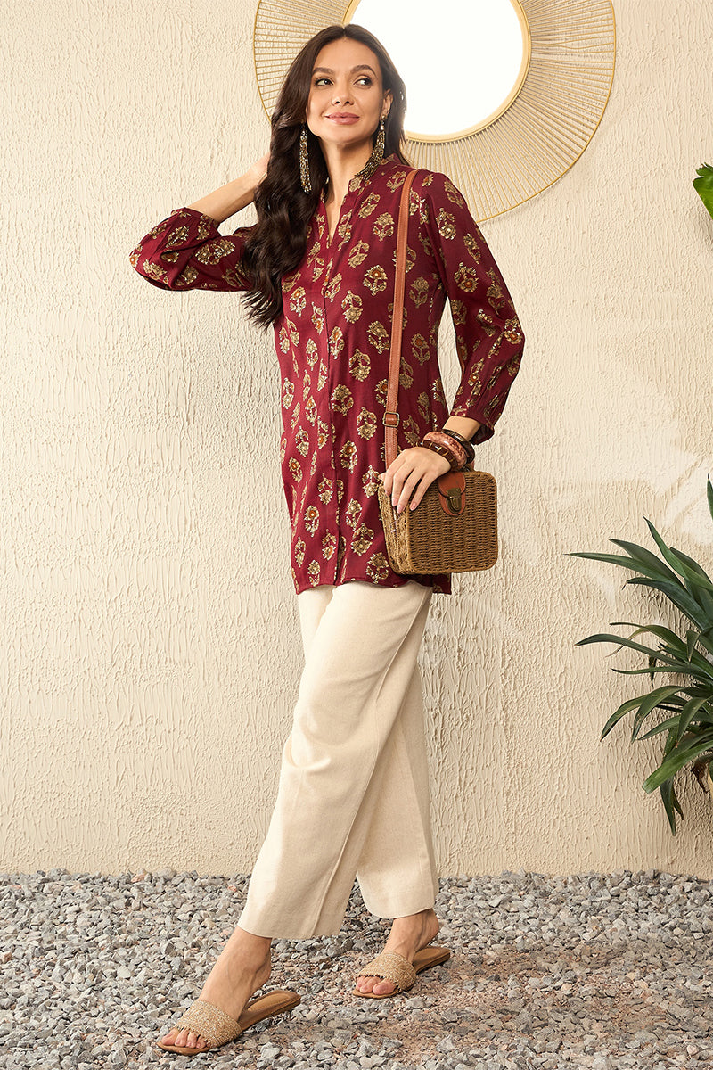 Maroon Cotton Blend Floral Printed Regular Top VT1324 | DesiQlo