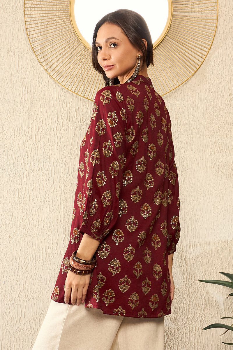 Maroon Cotton Blend Floral Printed Regular Top VT1324 | DesiQlo