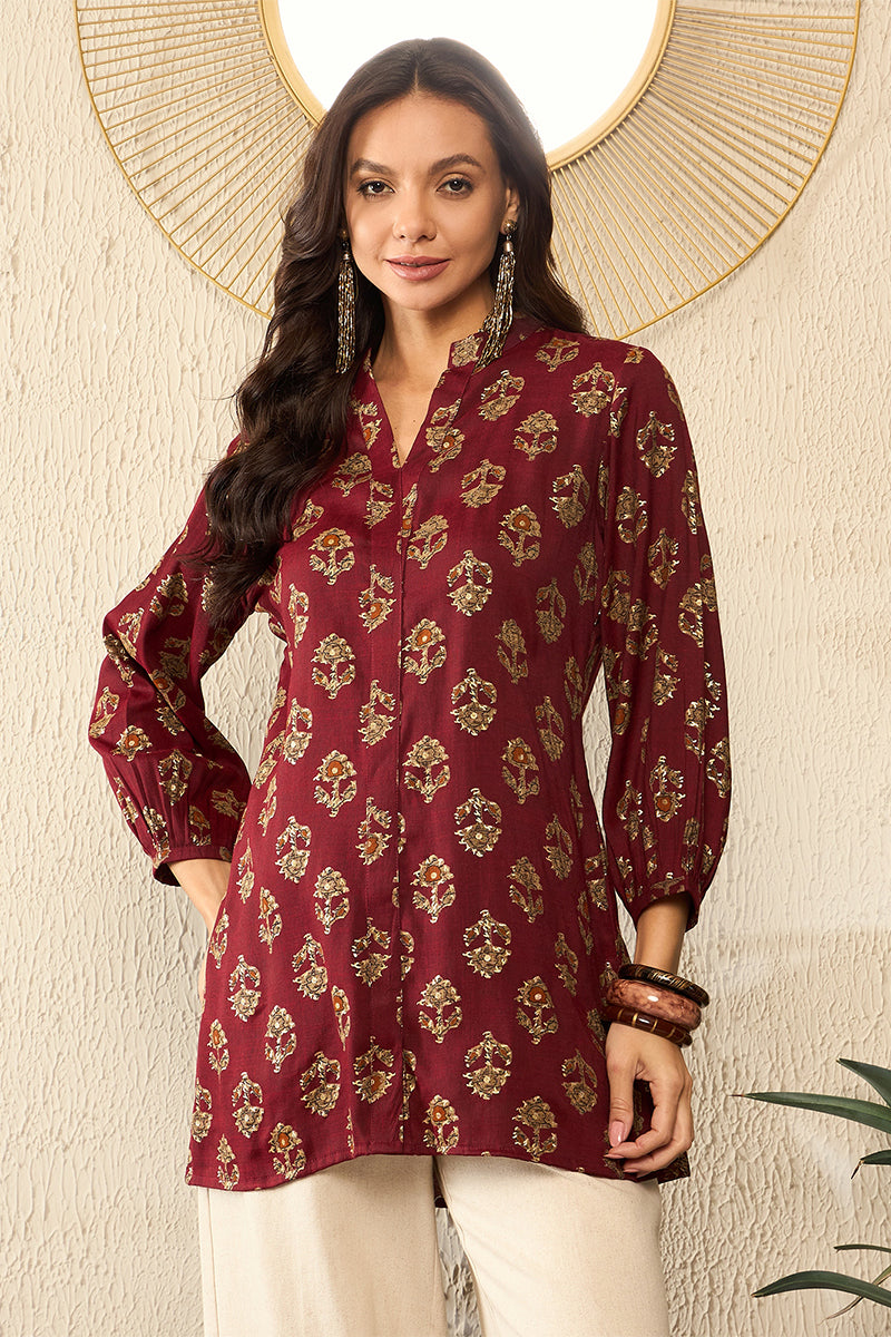 Maroon Cotton Blend Floral Printed Regular Top VT1324 | DesiQlo