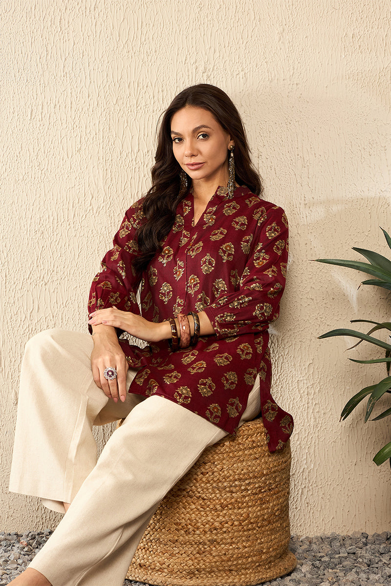 Maroon Cotton Blend Floral Printed Regular Top VT1324 | DesiQlo