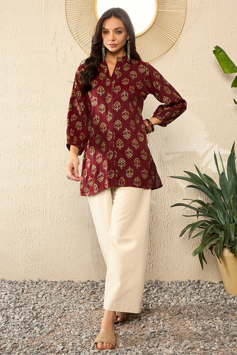 Maroon Cotton Blend Floral Printed Regular Top VT1324 | DesiQlo