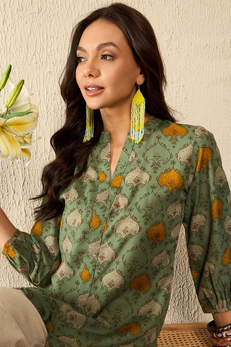 Green Cotton Blend Ethnic Motifs Printed Regular Top VT1325 | DesiQlo