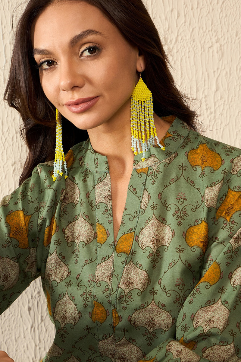 Green Cotton Blend Ethnic Motifs Printed Regular Top VT1325 | DesiQlo
