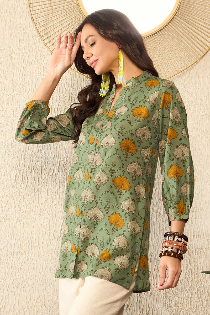 Green Cotton Blend Ethnic Motifs Printed Regular Top VT1325 | DesiQlo