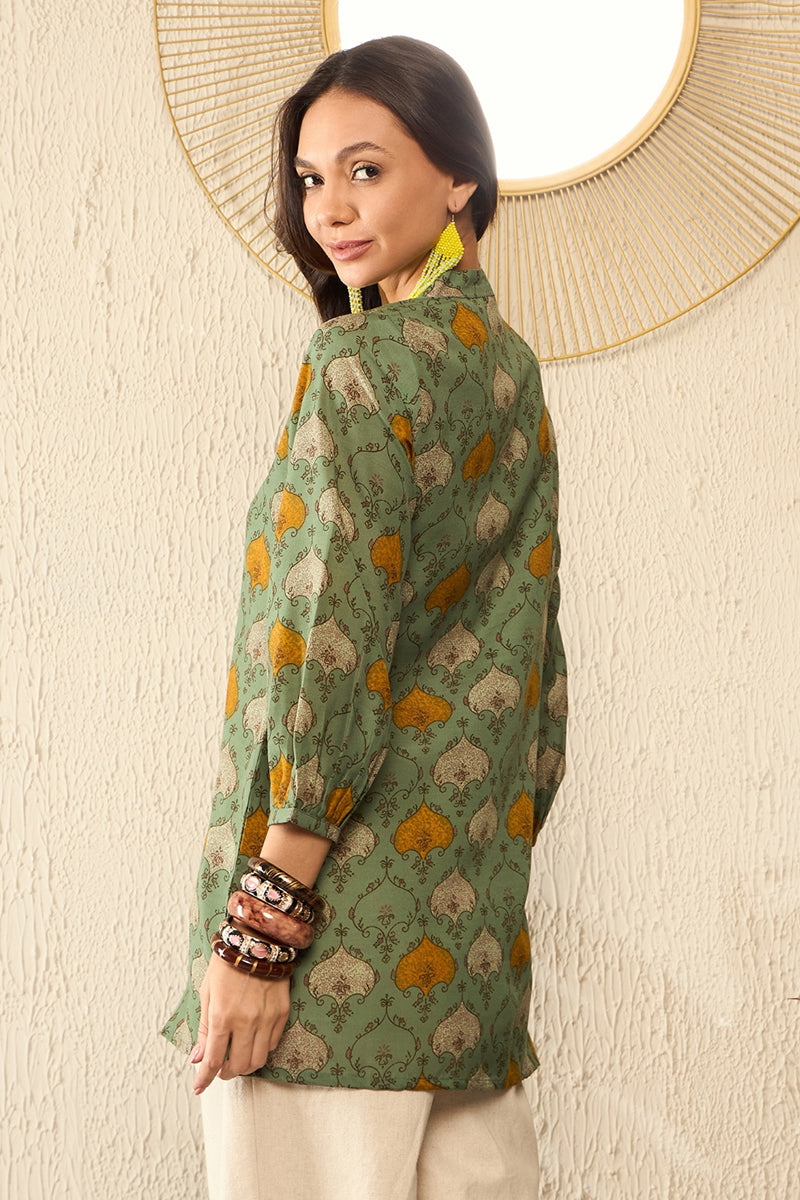 Green Cotton Blend Ethnic Motifs Printed Regular Top VT1325 | DesiQlo
