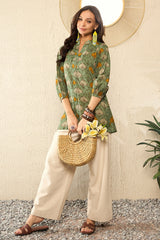 Green Cotton Blend Ethnic Motifs Printed Regular Top VT1325