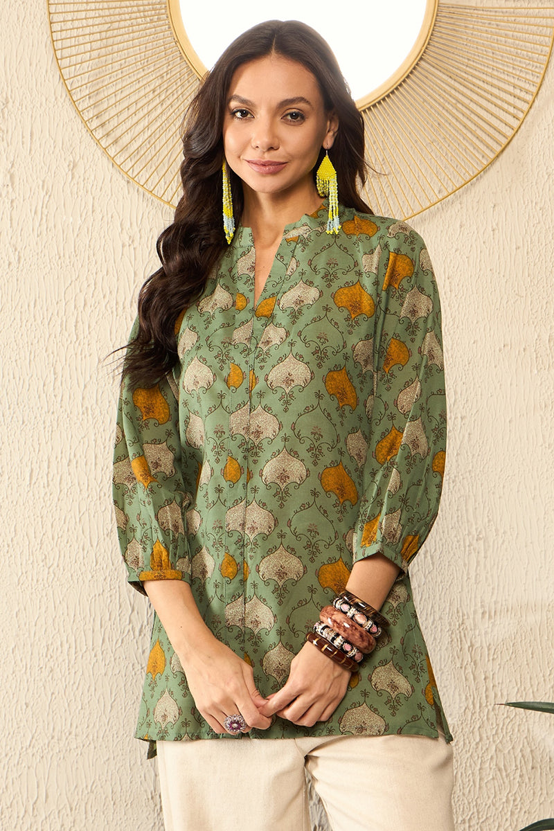 Green Cotton Blend Ethnic Motifs Printed Regular Top VT1325 | DesiQlo