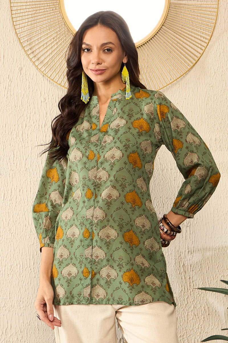 Green Cotton Blend Ethnic Motifs Printed Regular Top VT1325 | DesiQlo